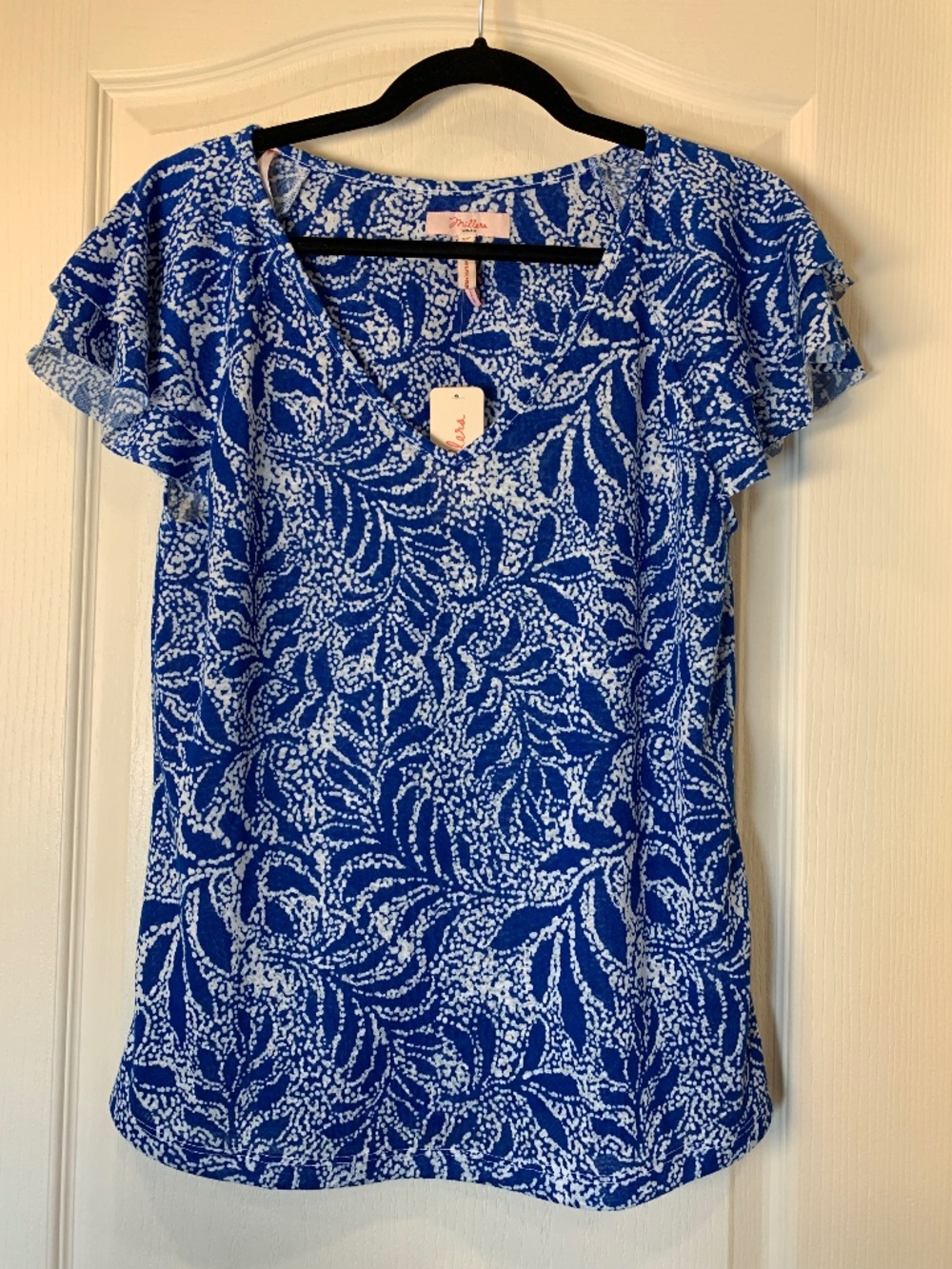NWT Millers Blue & White Flutter Sleeve Top Women’s Small Lightweight CasualChic
